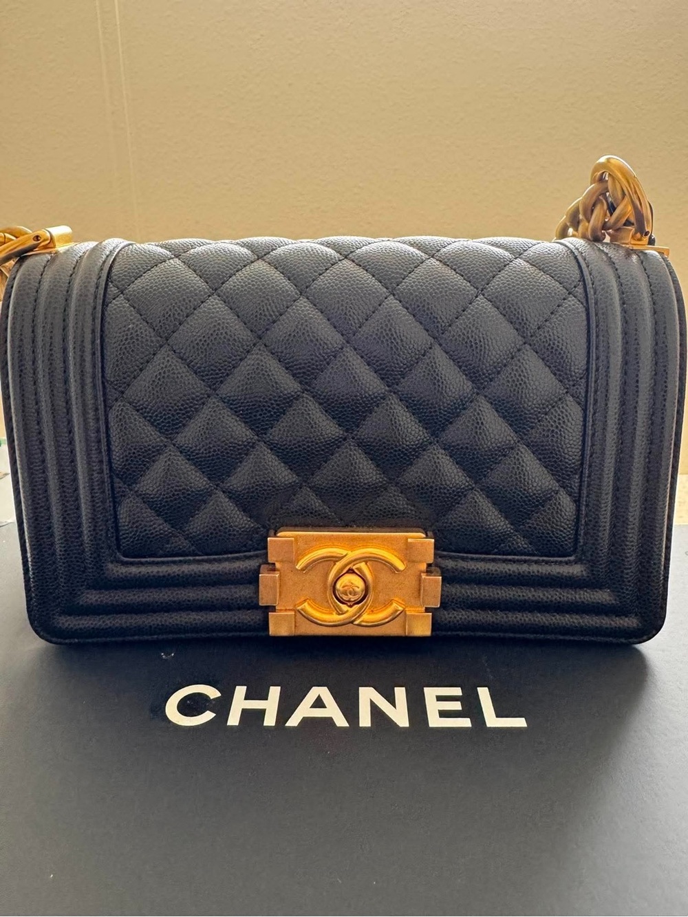 CHANEL Black Quilted Boy Shoulder Bag with Gold Hardware